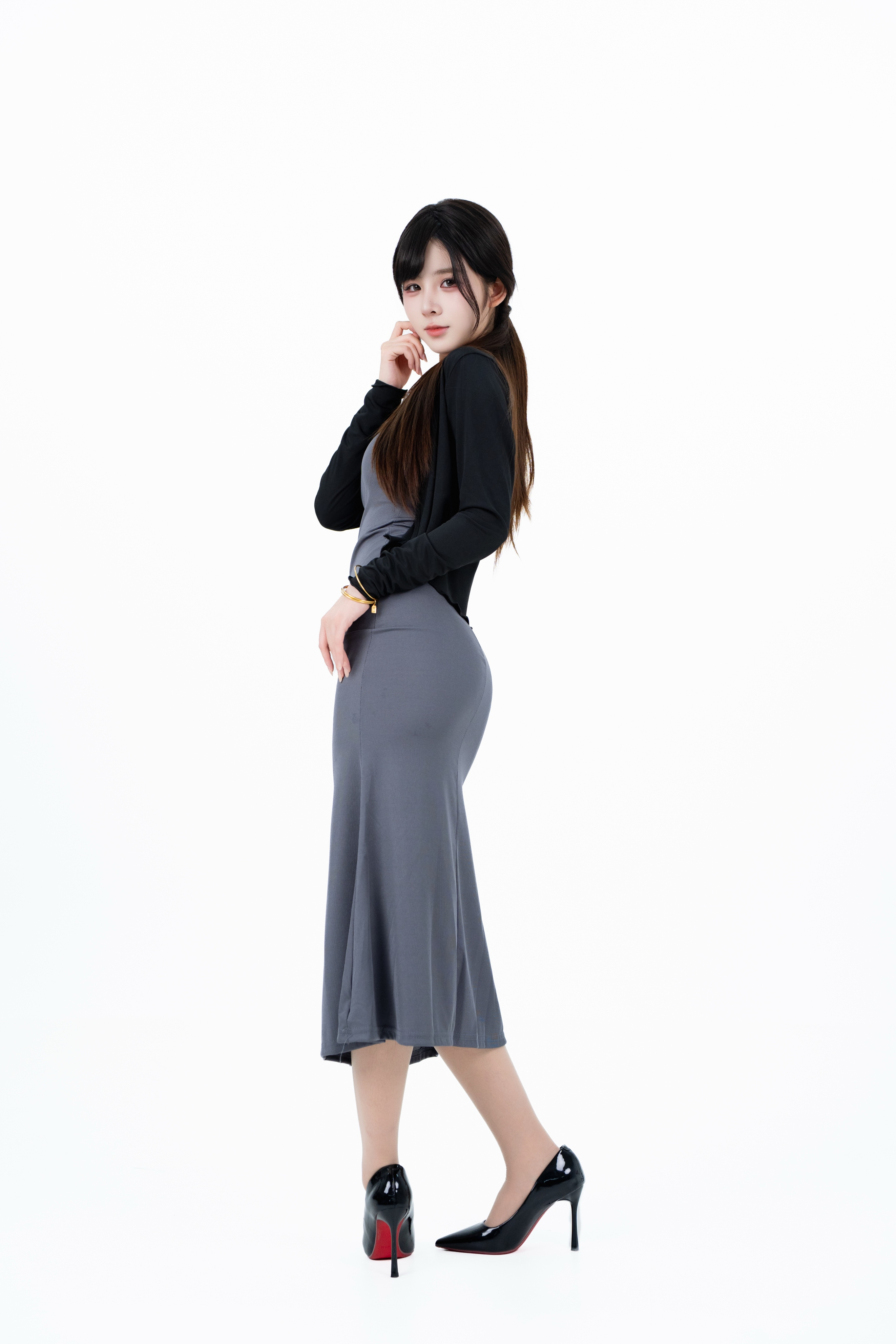 Grey Bodycon Maxi Dress Black Cardigan High Heels Asian Woman White Studio Background